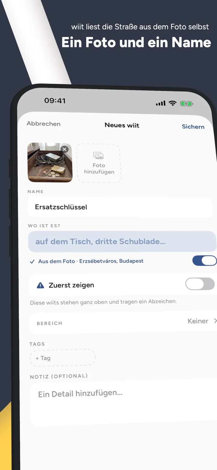 Einen wiit erstellen: Foto und Name; die Straße wurde automatisch aus dem Foto ausgelesen